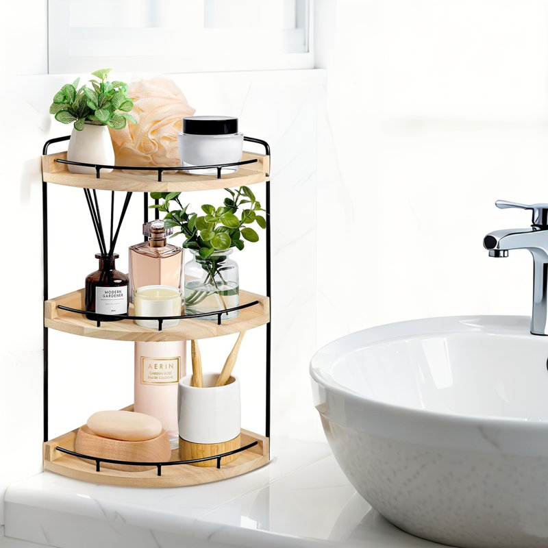 3 Tier Bathroom Counter Organizer, Bathroom Counter Tray And Vanity Organizer, Wood Corner Countertop Organizer For Bathroom