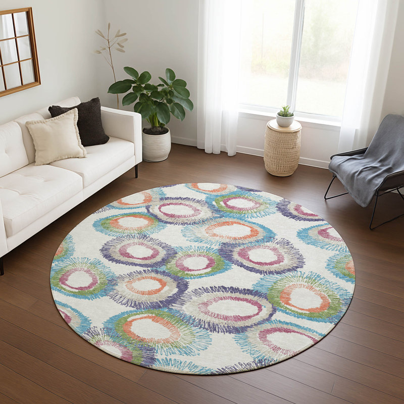 Machine Washable Indoor/Outdoor Jenning ACN2278 Geometric Rug, Round 8'