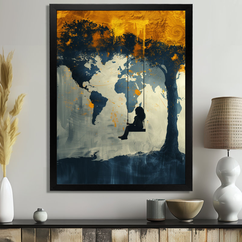 Jaune jaune noir carte du monde aire de jeu Silhouette II - carte du monde décoration murale, Cadre simple noir