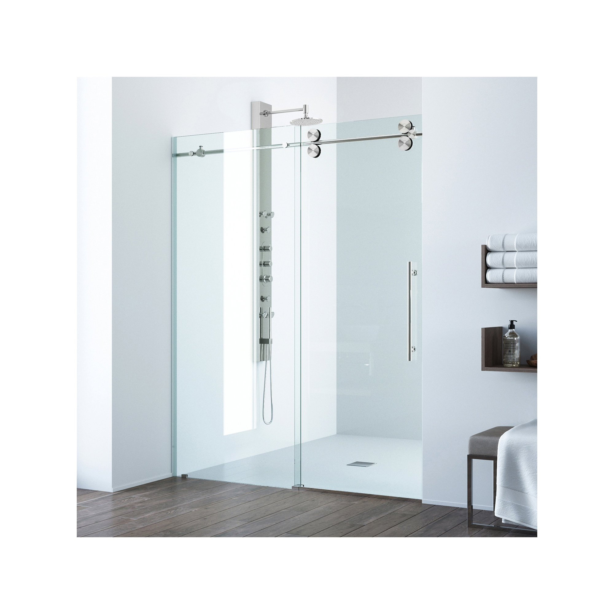 Elan 64-68" W x 74" H Sliding Frameless Shower Door with 3/8" Clear Glass, Stainless Steel