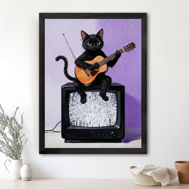 Noir encadré rétro Le chat noir jouant à la télé, estampes encadrées de style rétro, H 17 po x l 13 po