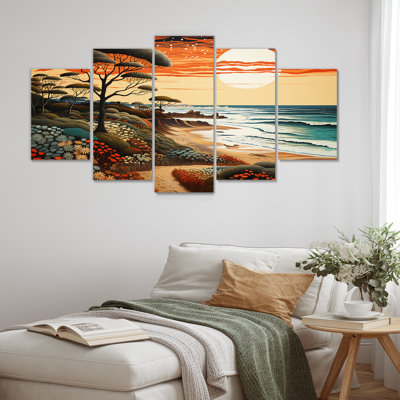 Majestic Sunset Colourful Beach Path Quiet Waves - Beach Wall Art For Living Room 5 Piece