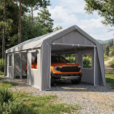 Abri d'auto robuste 20 x 10 x 11 pi, garage portatif avec auvent en PE 200 g, tente abri de voiture coupe-vent avec 2 portes latérales enroulables et 4 fenêtres, housse de véhicule extérieure grise (cadre non inclus)