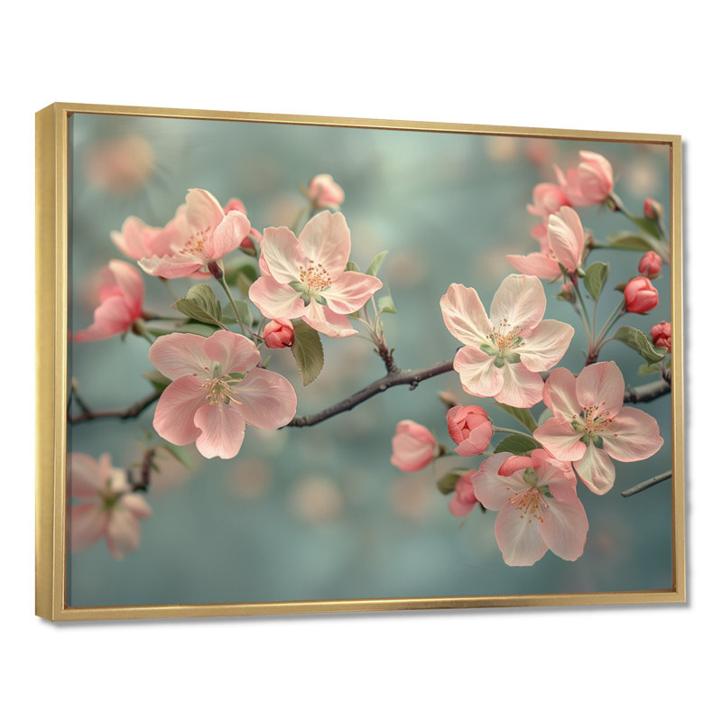 Fleurs de pommier rose et gris I - Art mural, Cadre flottant noir, H 30 po x l 40 po