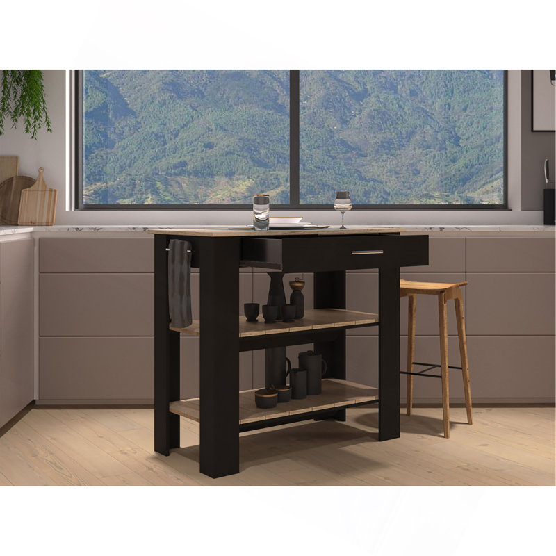 Kitchen Island 37" H, Two Open Storage Shelves, One Drawer, Four Legs,Towel Hanger