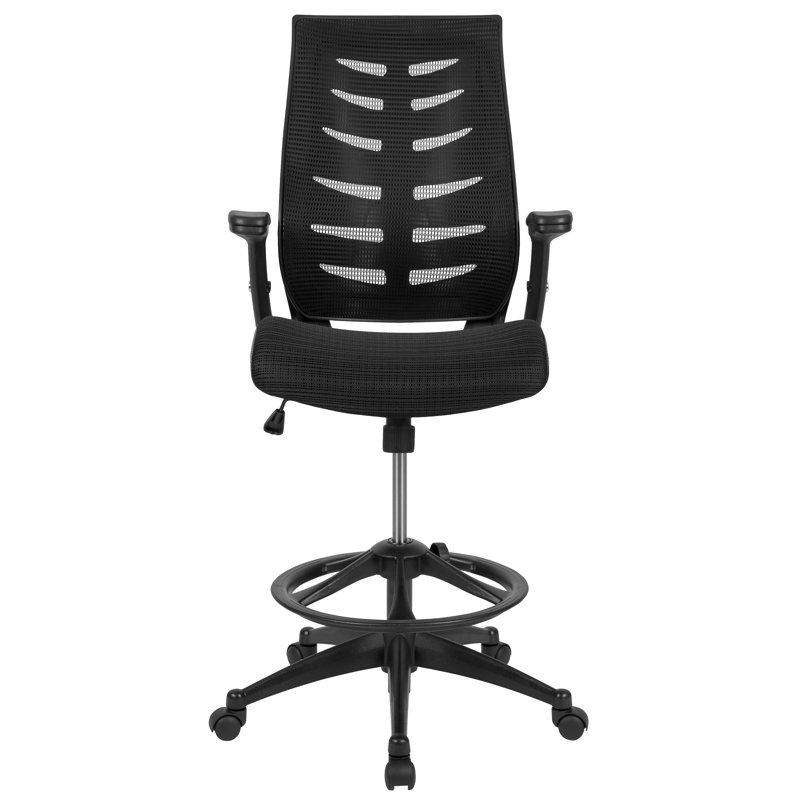 High Back Mesh Spine-Back Ergonomic Drafting Chair with Adjustable Foot Ring and Adjustable Flip-Up Arms, Black