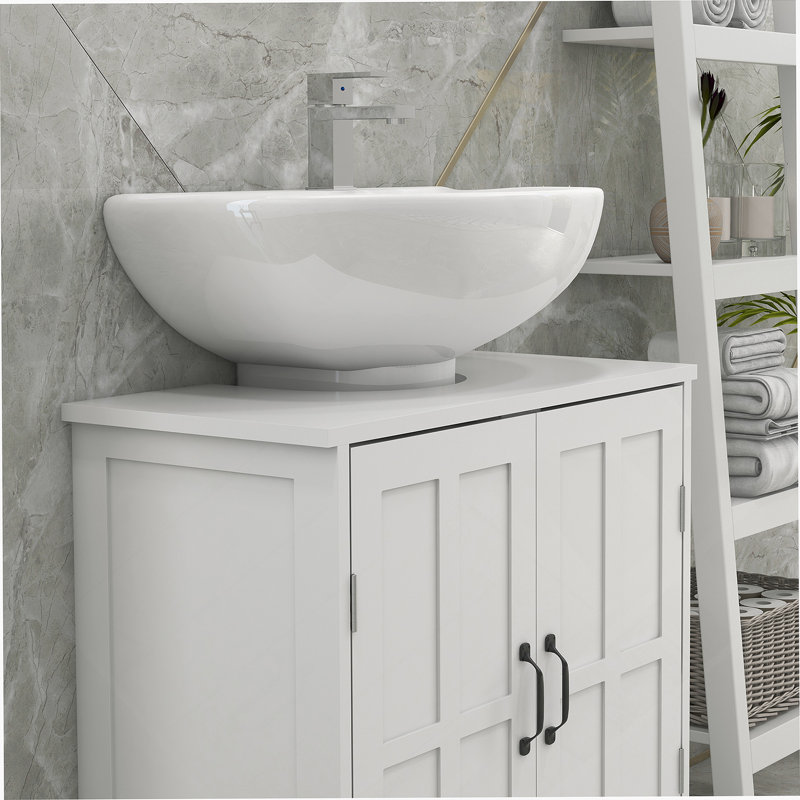 Armoire de salle de bain, meuble-lavabo piédestal avec tablette réglable, blanc