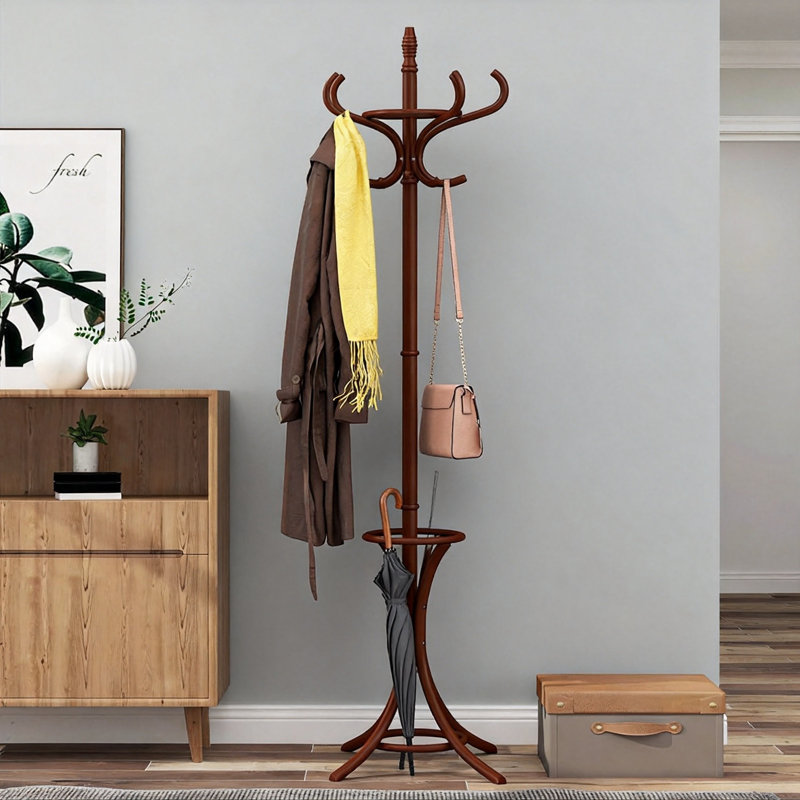 Coat Rack Freestanding, Wooden Coat Tree with 12 Hooks and Umbrella Stand, Entryway Hall Tree, Hat Hanger Organizer, Coat Rack Stand for Coats, Hats, Scarves, Easy Assembly, (Reddish Brown)