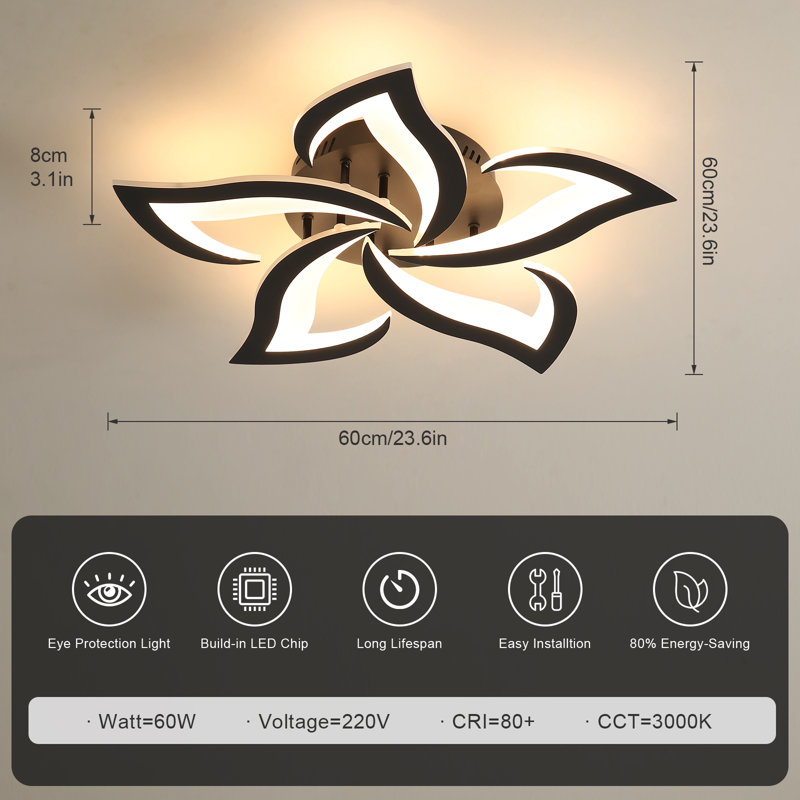 Rachna 5-head 60cm LED Integrated Semi Flush Mount Ceiling Light, Black, 3000K