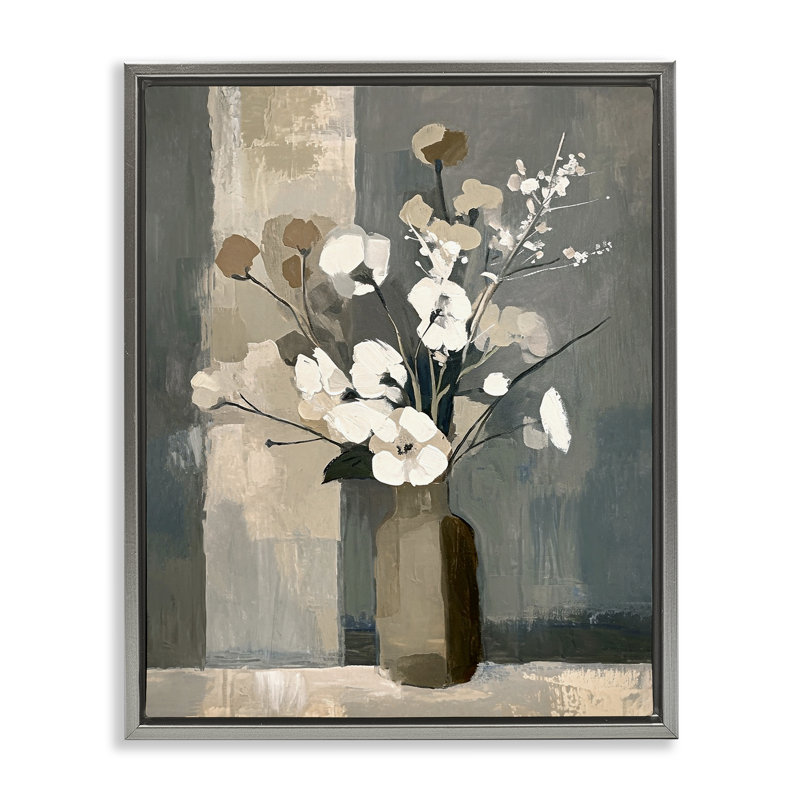 «Neutral Floral Vase» par Ramona Murdock, Cadre flottant gris lustré, H 21 po x l 17 po