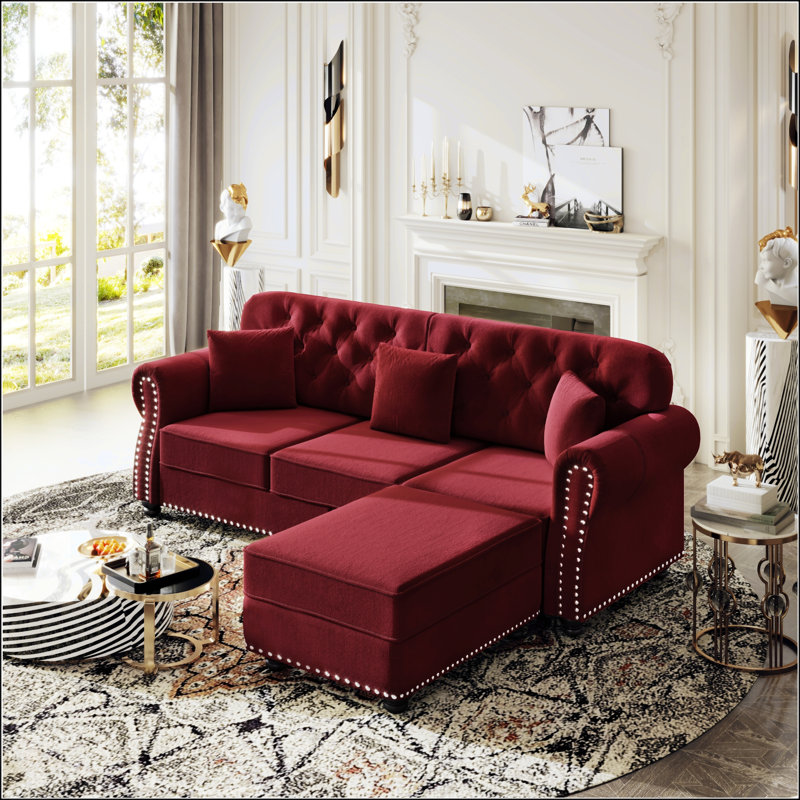 Canapé en velours de style Mid-Century moderne avec garniture cloutée, accoudoirs roulés et capitonnage à boutons, comprend 3 coussins pour plus de confort