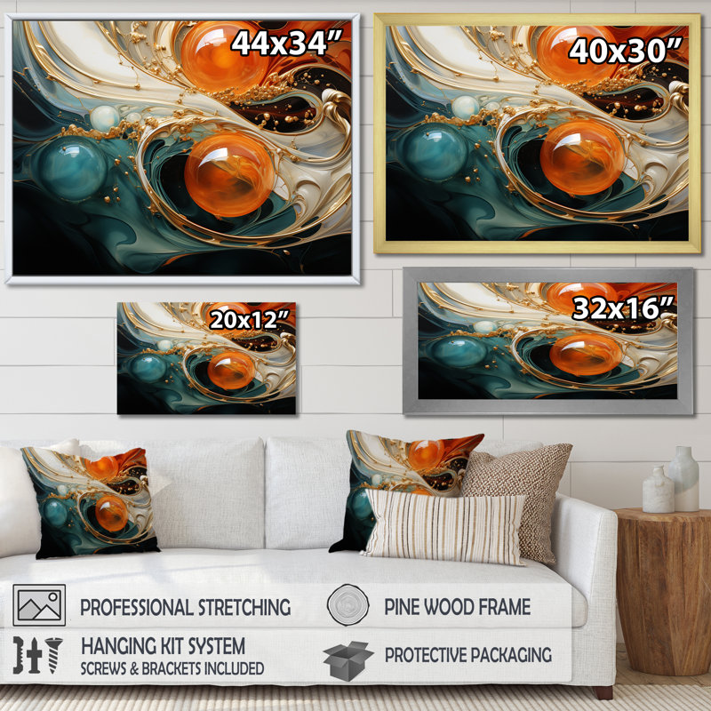 Planète vagues orange et or II - art mural abstrait, Toile tendue, H 12 po x l 20 po x P 1 po
