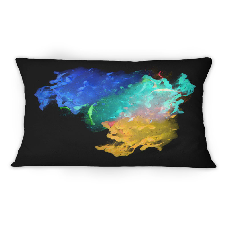 Coussin décoratif turquoise, orange et bleu, encre liquide sur fond noir, impression moderne