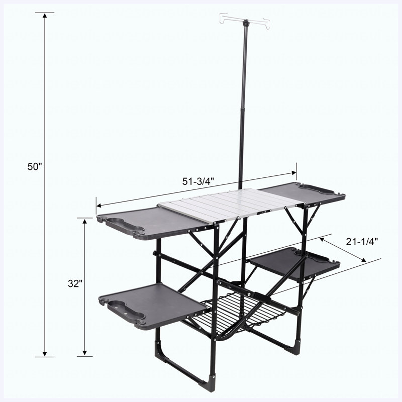 Table de cuisine pliante pour camping, station de cuisson extérieure portable avec plateau résistant à la chaleur, 4 tables d'appoint, support de rangement et lampadaire
