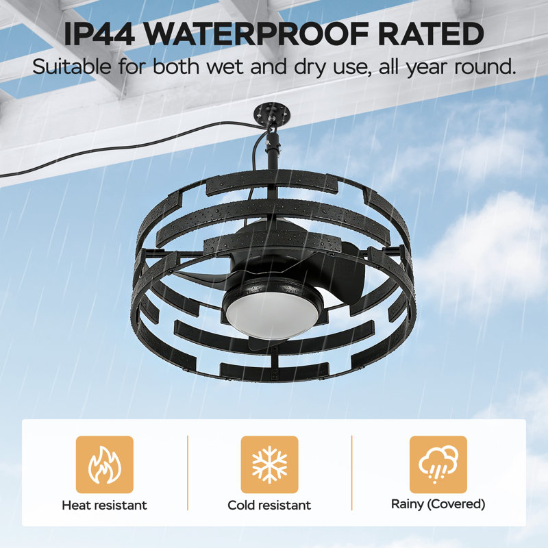 20 Inch Outdoor Indoor Caged Ceiling Fan with LED Lights, IP44 Waterproof Black, Black