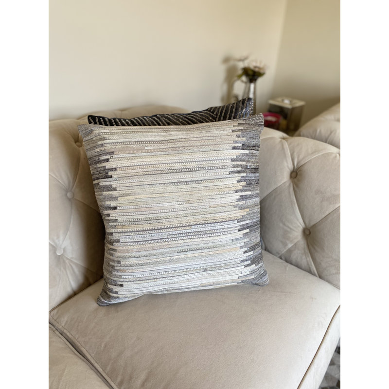  Square Strip Leather Pillow Cover & Insert, Ivory