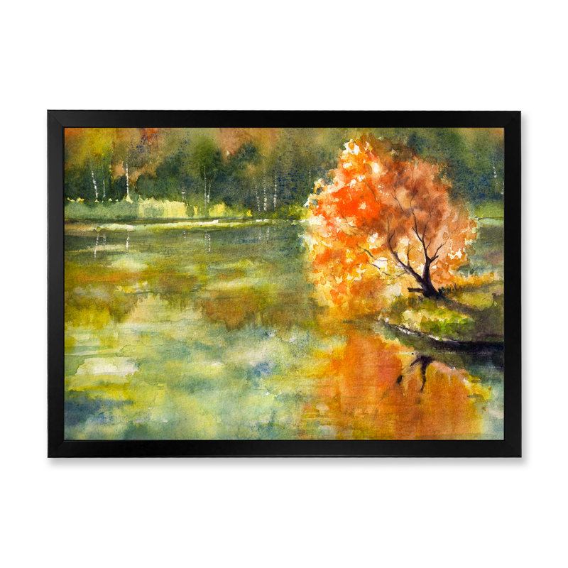 «Autumn Lake and Orange Leaves II», peinture sur toile encadrée, H 16 po x l 32 po x P 1,5 po, Cadre photo noir