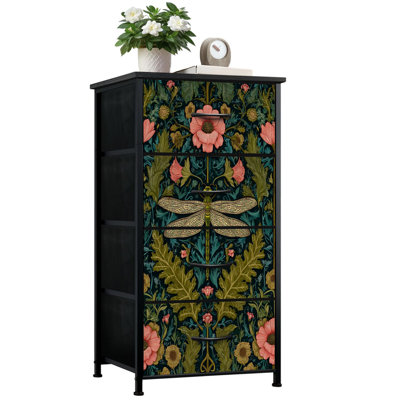 Commode pour chambre à coucher avec 4 tiroirs de rangement Vintage 3D texturé vert foncé Libellule fleurs tirées à la main Commode commode en acier avec structure en acier pour vestibule