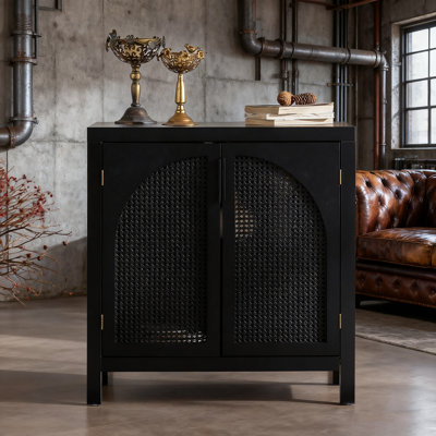 Set Of 1 Black Storage Accent Cabinet - 29" Narrow Credenza, Ventilated Arched Rattan Doors (28.94"w×14"d×30.2"h) | Adjustable Shelf For Entryway/livi by Bayou Breeze