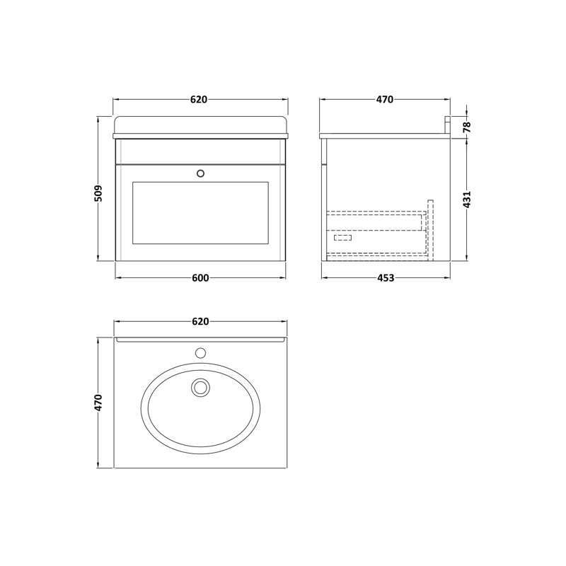 Classique 620mm Single Bathroom Vanity with Drop In Vitreous China Basin, Satin Green, Black