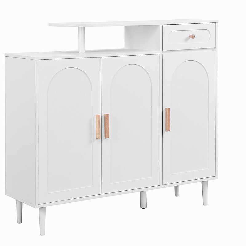Range-chaussures avec portes arquées et tiroir, buffet de rangement avec tablettes réglables et pieds en bois massif, Noir