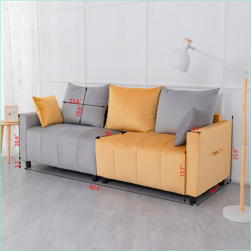 Sectional Sofas, Modern Dutch Velvet Light Grey &amp; Mustard Yellow 2-Seater, 82" Easy Assembly | Grey+Yellow | Standard