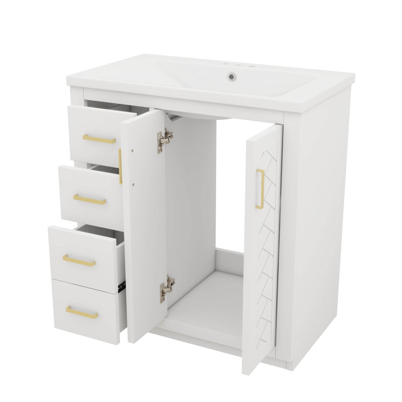Armoire de rangement de meuble-lavabo simple autoportant moderne 30 po à 3 tiroirs, Blanc, Doré