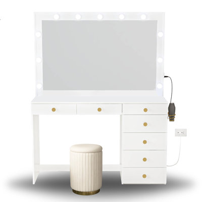 Boahaus Diana LARGE Lighted Vanity Makeup Desk, Big Vanity Mirror with Built-In Lights, Stool, 07 Drawers, C/USB Power Outlet -  Boahaus LLC, W.16.09-23-6105-11B-6202-07-1705-23