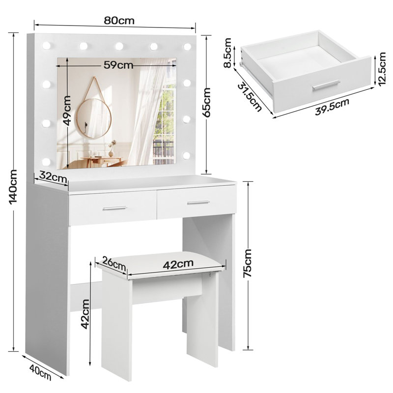 Ensemble de coiffeuse blanche avec miroir à lumières DEL Hollywood, coiffeuse, 2 grands tiroirs et tabouret