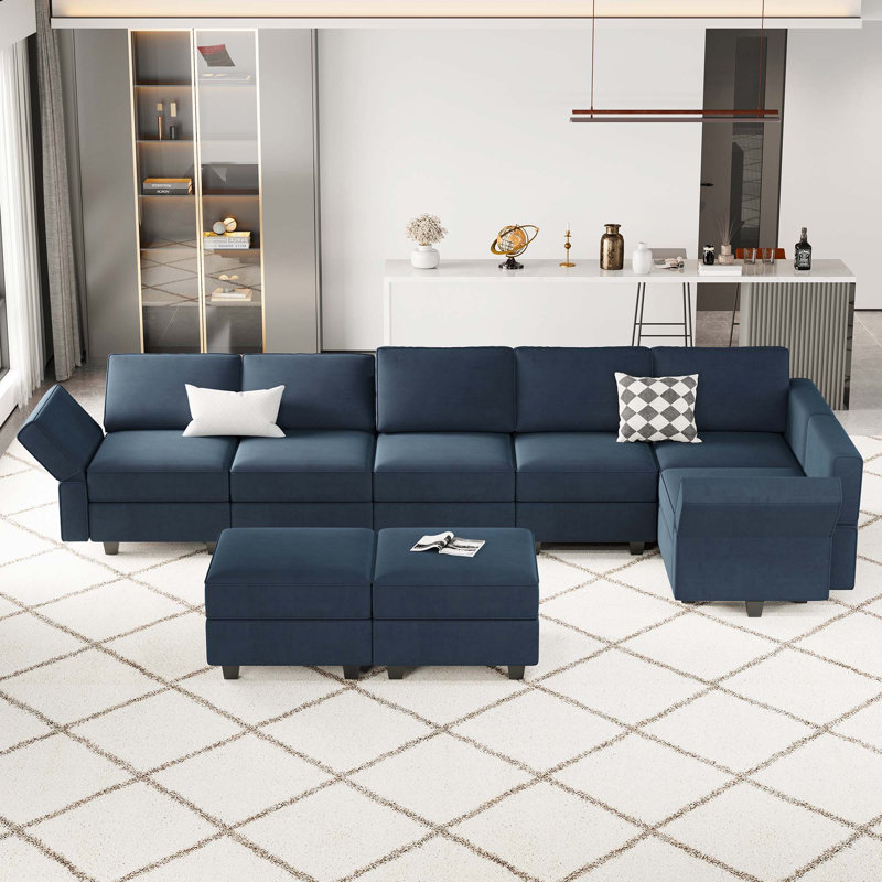 Teangela 143'' Variable Modular Velvet Sectional L Shaped Upholstered Couch Storage Sofa, Blue Velvet