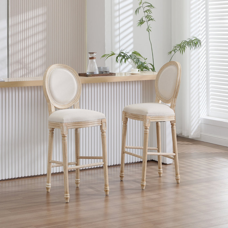 Ensemble de 2 chaises de bar French Country de 30 po de hauteur, rembourrées avec dossier rond, tréfilage et techniques de sculpture, démontables, pour le salon, la cuisine, le restaurant