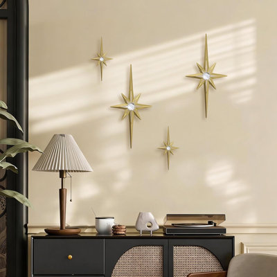 Set of 4 Gold Rhinestone Starburst 3D Metal Wall Sculpture, Two Sizes Hanging Wall Decor