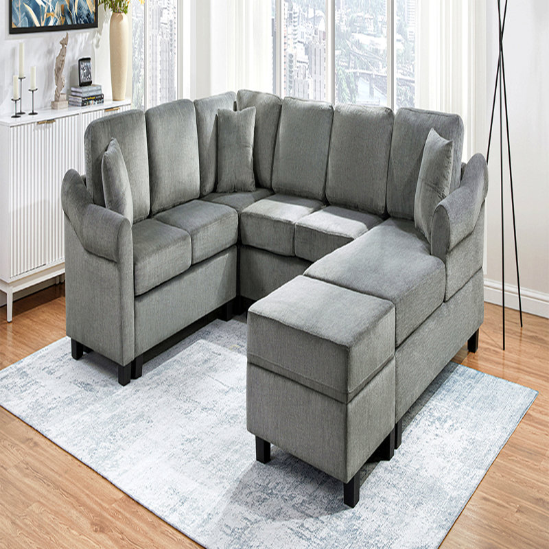 Canapé modulaire Canapé modulaire rembourré en chenille de 111,8 po avec repose-pieds de rangement mobile pour salon, gris foncé