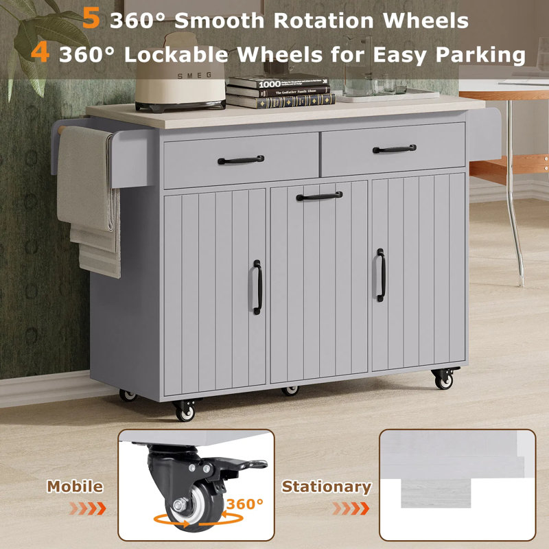 Îlot de cuisine polyvalent à roulettes - poubelle inclinable, abattant, supports à épices / serviettes, tiroirs, tablettes réglables (51,06 po x 20,55 po x 35,04 po) ， Gris