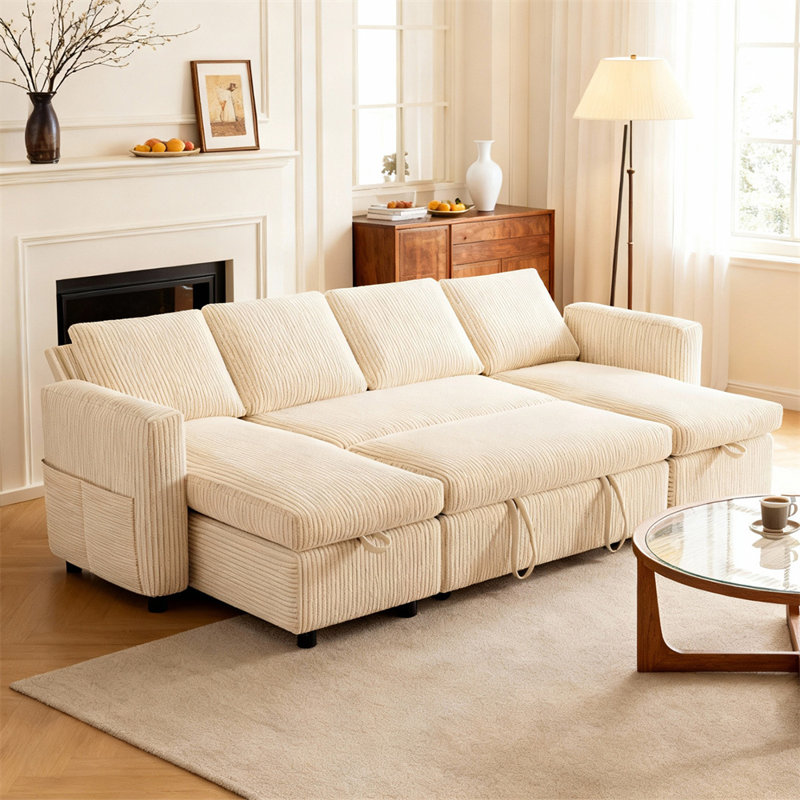105" Pull Out Sofa Bed Sectional Sleeper Sofa With Storage,Pullout Modular Sectional Couches For Living Room, U Shaped Convertible Couch Bed For Apartment