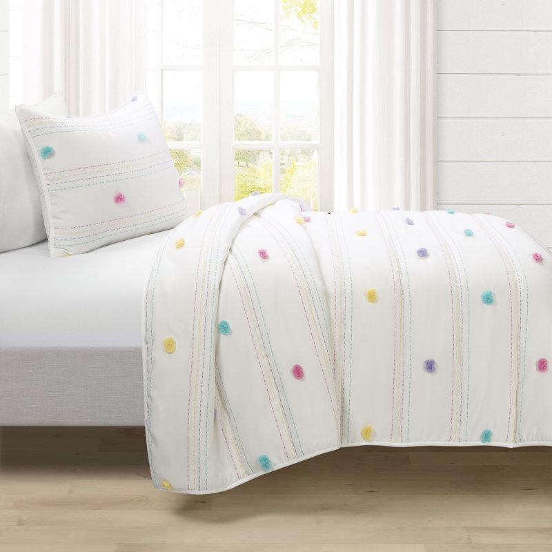 Ensemble de courtepointe Lush Decor Rainbow Pom Pom And Stripes, Courtepointe simple très longue simple + 1 taie d