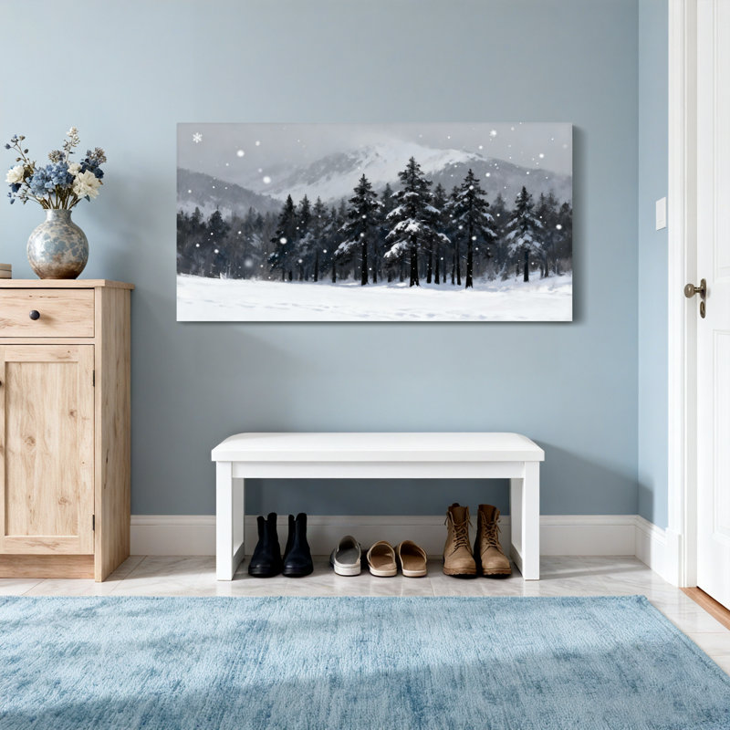 Paysage d'hiver avec paysage de montagnes enneigées et de pins, H 16 po x l 32 po