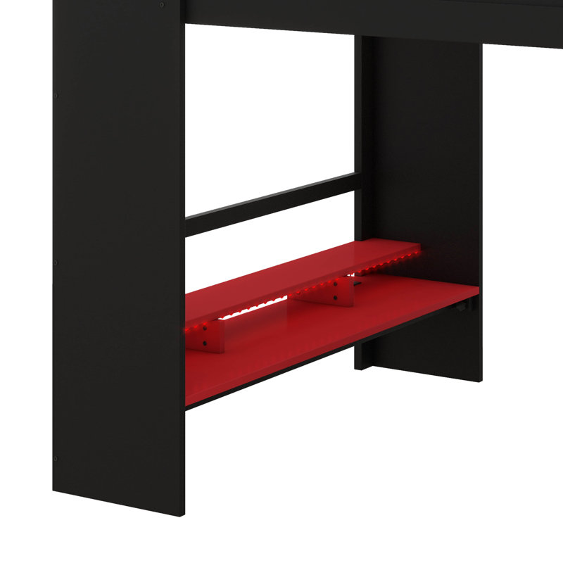 Lit superposé double avec bureau à hauteur réglable, avec garde-robe et éclairage RVB, Rouge