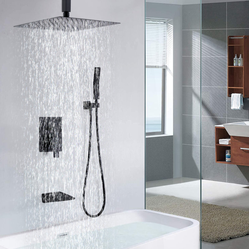 Ensembles de robinet de douche à pluie 12 pouces avec bec de baignoire et pomme de douche à main, Noir mat