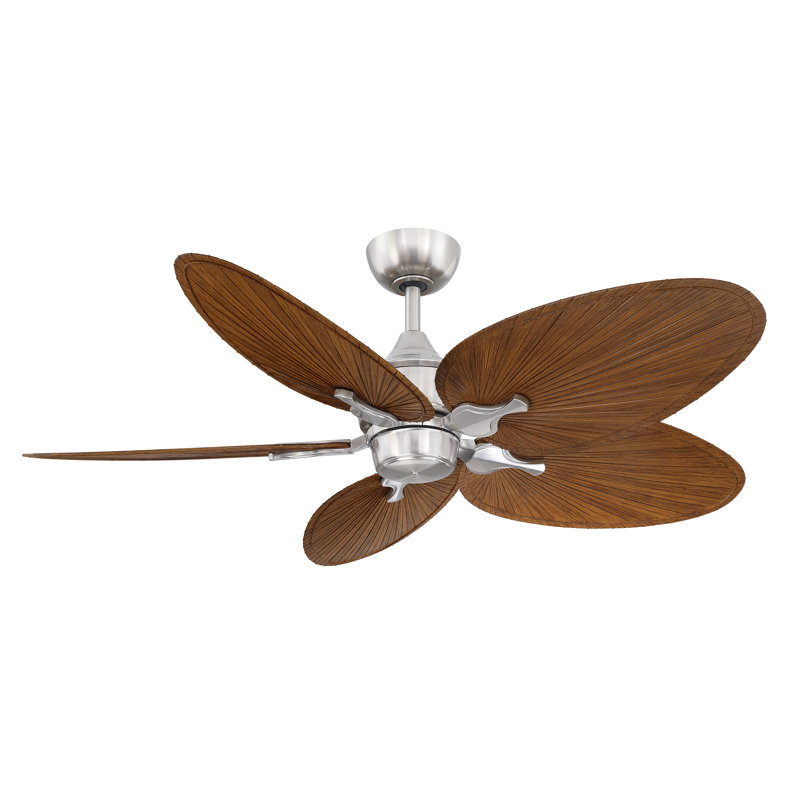 Islander DC 52 inch Indoor/Outdoor Ceiling Fan - Brushed Nickel with Koa Narrow Oval Palm-Inspired Blades, Brushed Nickel