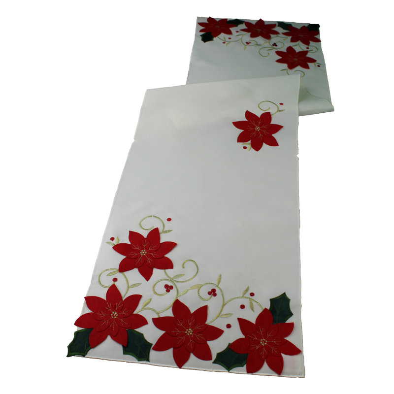 Puma Poinsettias Holiday Christmas Decorative Table Runner, White, 34" L x 14" W