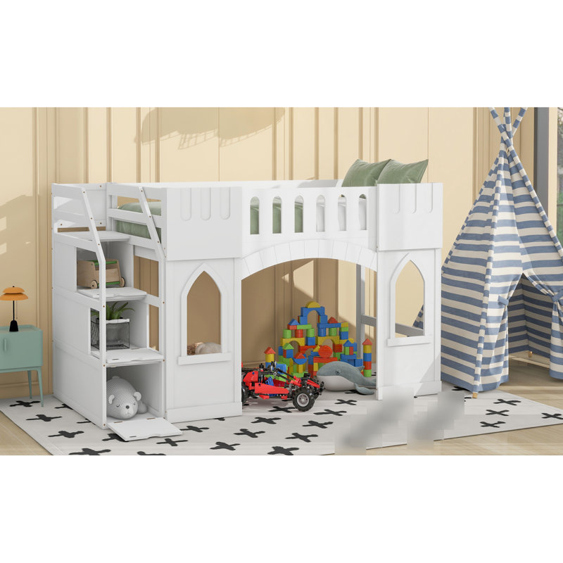 Lit mezzanine simple avec rangement pour fenêtre et escalier, blanc - fait de bois massif pour plus de durabilité, Blanc