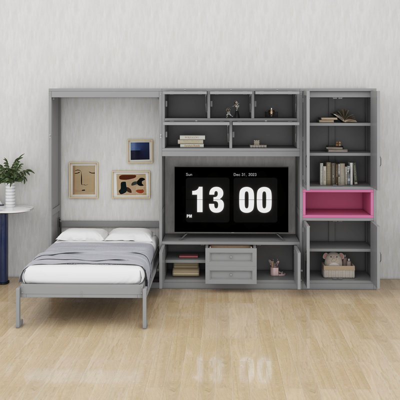 Lit escamotable en bois avec meuble télé, 2 tiroirs, tablettes et armoires, Gris