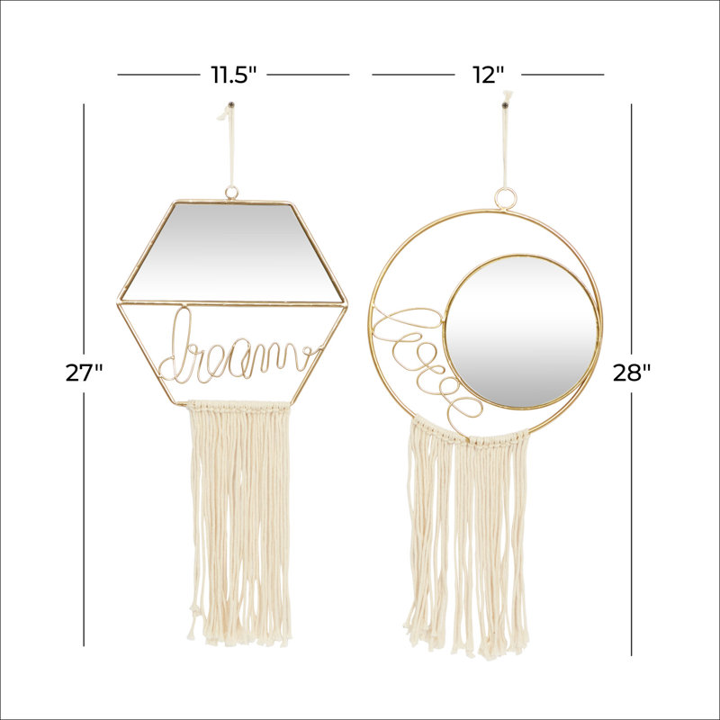 Gold Geometric Wall Mirrors with Fringe Tassels, Set of 2