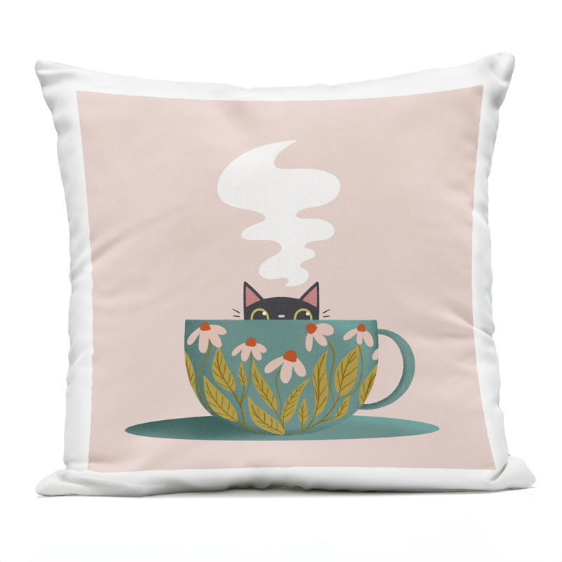 Coussin d'extérieur pour chat «Peeking Over Teacup» par Sarah Hickman