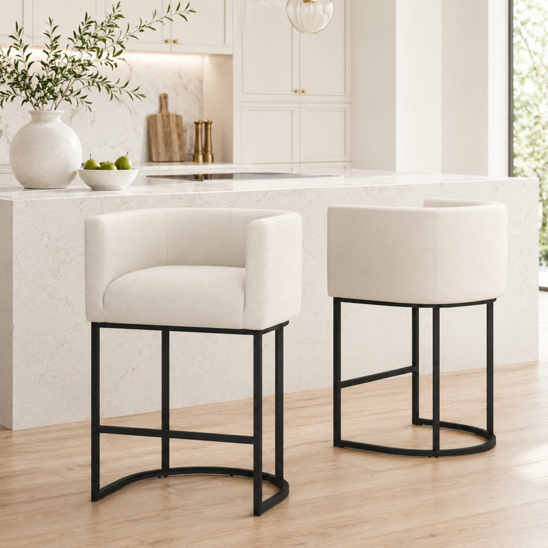 Upholstered Counter Height Stool with Metal Frame (Set of 2), Beige Seat/Black Frame, 2