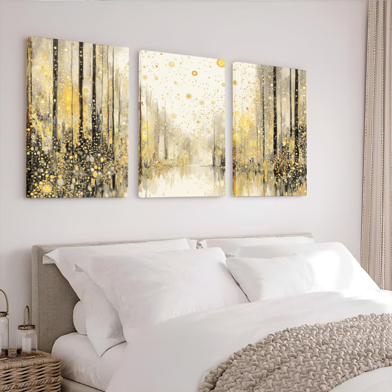 Ensemble de 3 tableaux sur toile « Forêt dorée » pour la décoration du salon et de la chambre., 2436
