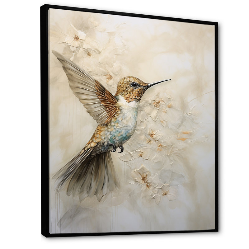 Colibri floral flottant III - Art mural colibri pour le salon, 32" H x 16" W, Cadre flottant noir