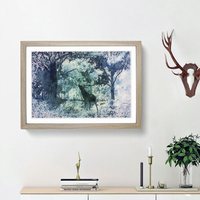 Deer Stag in a Blue Forest in Abstract - Picture Frame Painting Print on MDF