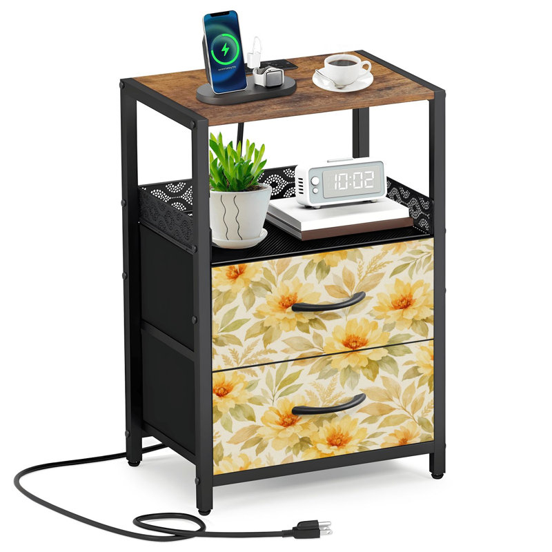  Table de chevet 24,2 po à 2 tiroirs avec aquarelle florale jaune et feuilles vertes avec station de charge